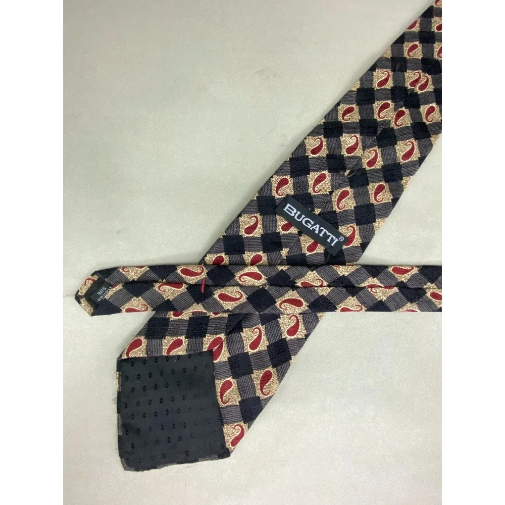 Bugatti Mens Tie Silk Paisley Checkered Black Gold Red‎ Italian Silk 59X4